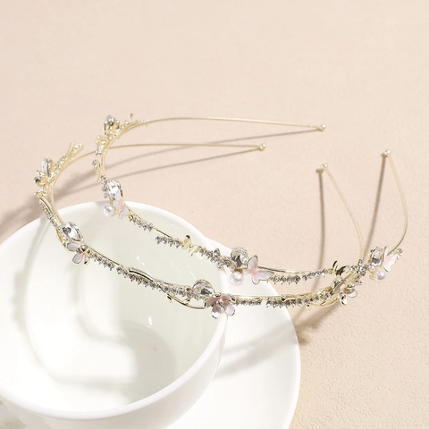 Diadema de Aleación con Flores y Mariposas con Brillantes Estilo Coreano Dulce con Perla Artificial de Imitación Accesorio para el Pelo