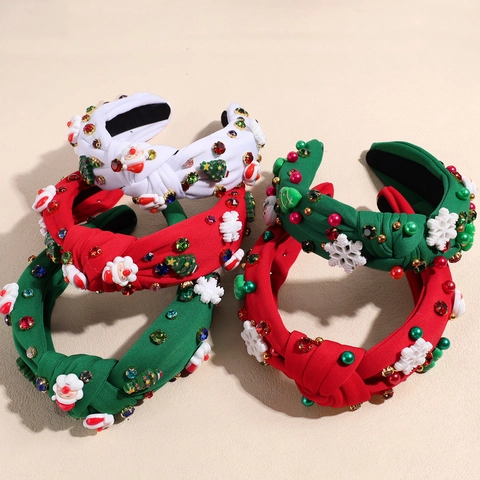 Christmas Santa Claus Knotted Headband Fabric Rhinestone Artificial Pearl Hair Accessories Festive Party Hairband Jewelry For Women