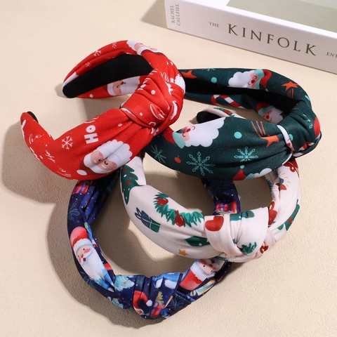 Serre-tête De Noël Noué Pour Femmes Imprimé Père Noël Sapin De Noël Tissu Large Bandeau Accessoires De Cheveux De Fête