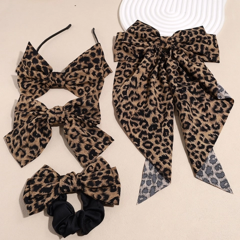 Leopard Print Bow Hairband Ribbon Hair Clip Scrunchie Set Fabric Retro Elegant Butterfly Knot Hair Accessories For Women Girls