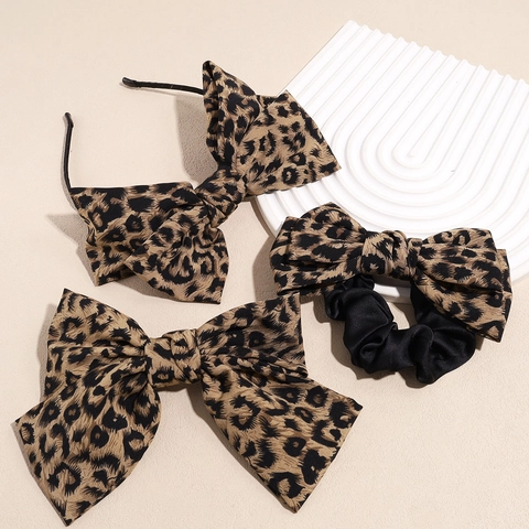 Leopard Print Bow Hairband Ribbon Hair Clip Scrunchie Set Fabric Retro Elegant Butterfly Knot Hair Accessories For Women Girls