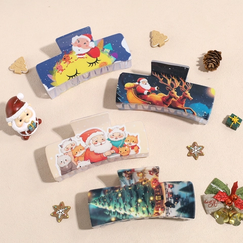 Weihnachten Bedruckt Rechteck Haarkralle Für Damen Festlich Weihnachtsmann Rentier Muster Acryl Haarschmuck Für Party