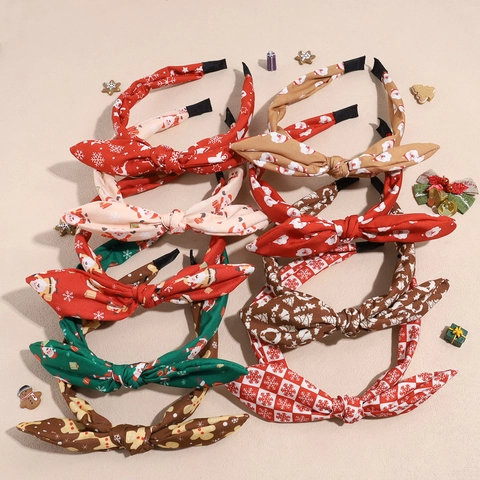 Christmas Santa Claus Printed Fabric Headband With Sweet Bow Knot Festive Hair Band For Women Holiday Party Decorations