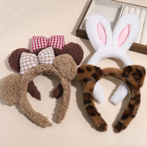 Diadema de Felpa Con Estampado de Leopardo Con Orejas de Gato Oso Conejo Lazo Otoño Invierno Diadema Suave para Mujer