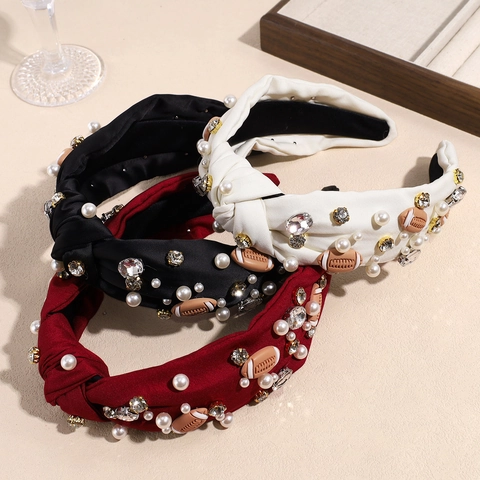 Retro Knotted Satin Headband With Artificial Pearl Rhinestone Football Decoration For Women Sports Theme Party Hair Accessory
