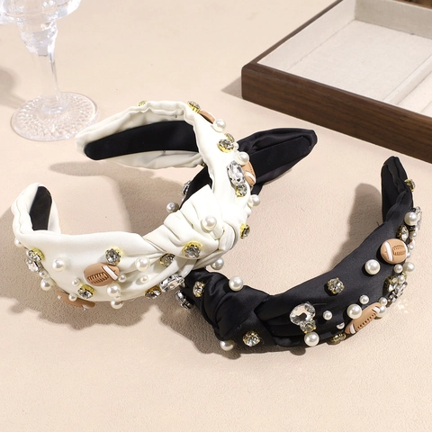Retro Knotted Satin Headband With Artificial Pearl Rhinestone Football Decoration For Women Sports Theme Party Hair Accessory