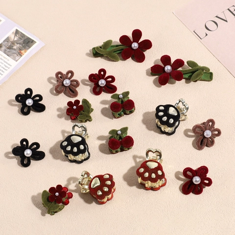 Pinzas para el Cabello Flocadas de Lujo Flor Cereza Pata de Gato Aleación Perla Artificial de Imitación Mini Garras para Mujer Niña Estilo Coreano