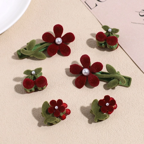 Pinzas para el Cabello Flocadas de Lujo Flor Cereza Pata de Gato Aleación Perla Artificial de Imitación Mini Garras para Mujer Niña Estilo Coreano