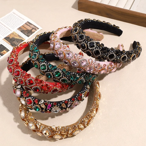 Baroque Luxury Rhinestone Wide Headband Women Vintage Handmade Colored Crystal Hair Band Party Wedding Hair Accessories