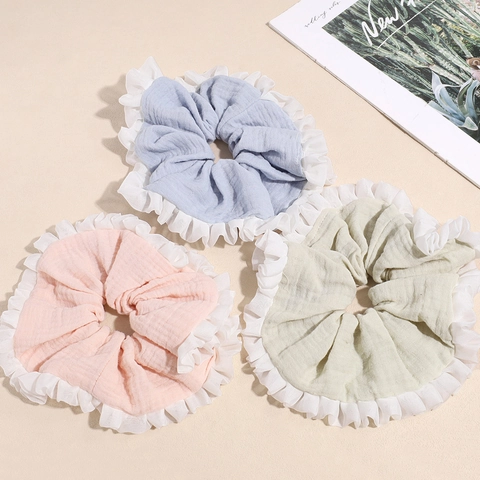 Korean Style Ruffle Edge Scrunchie Cotton Linen Fabric Large Hair Tie Fresh Sweet Chiffon Trim Hair Band Women Girls Hair Accessories
