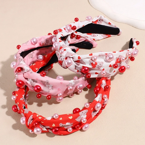 Diadema Ancha con Nudo para Mujer San Valentín Perla Artificial Imitación Estampado Oso Corazón Tela Dulce Moda Accesorios Pelo Regalo