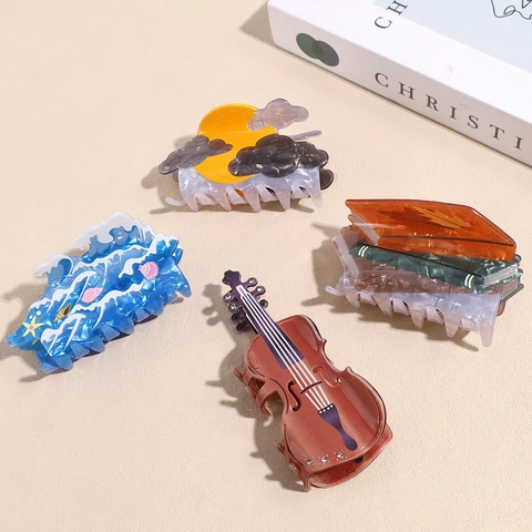 Creative Acetate Hair Claws Artistic Violin Book Wave Sunset Cloud Shape Large Shark Clips For Women Hair Accessories
