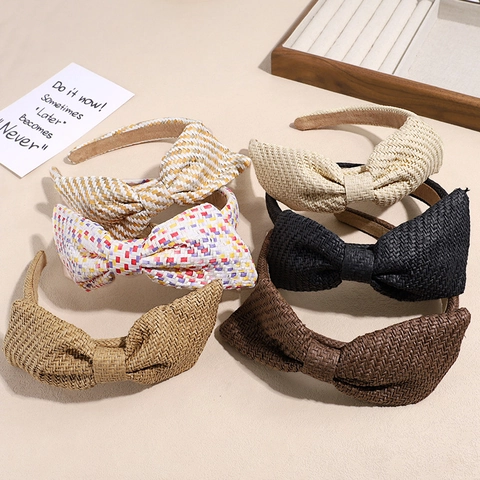 Handmade Raffia Straw Woven Bow Knot Headband For Women Summer Beach Vacation Wide Hair Band Elegant Headwear Accessory