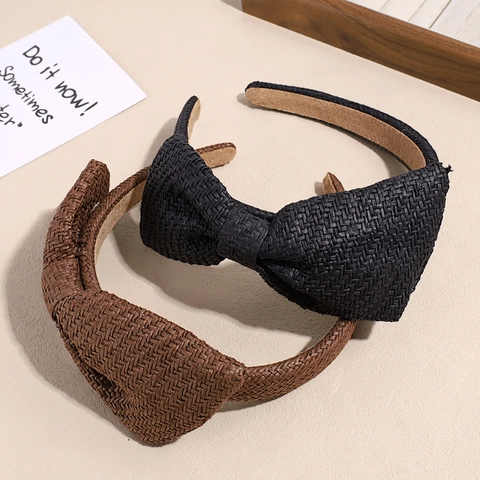 Handmade Raffia Straw Woven Bow Knot Headband For Women Summer Beach Vacation Wide Hair Band Elegant Headwear Accessory