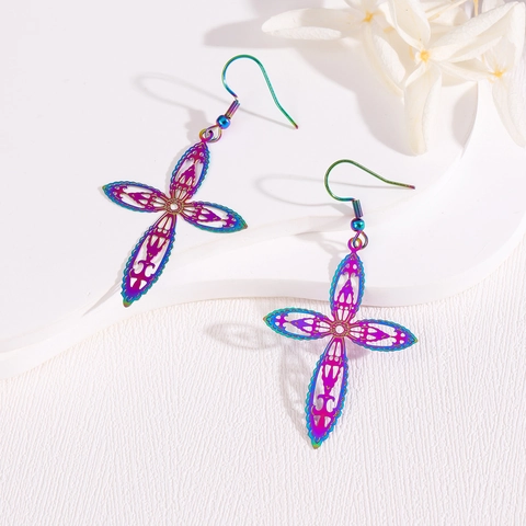 Orecchini a Croce in Acciaio Inossidabile Punk Rock Arcobaleno alla Moda Cavi Colorati Sfumati Pendenti per Donna Gioielli