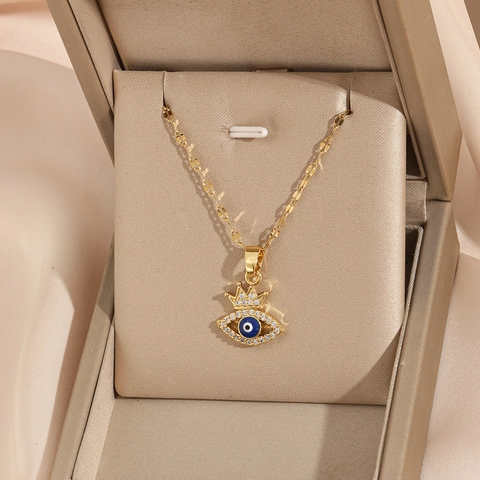 Collana Con Pendente Malocchio in Acciaio Inossidabile Vintage per Donna Design a Corona Placcato Oro Con Strass Scintillanti Gioielli di Moda Regalo