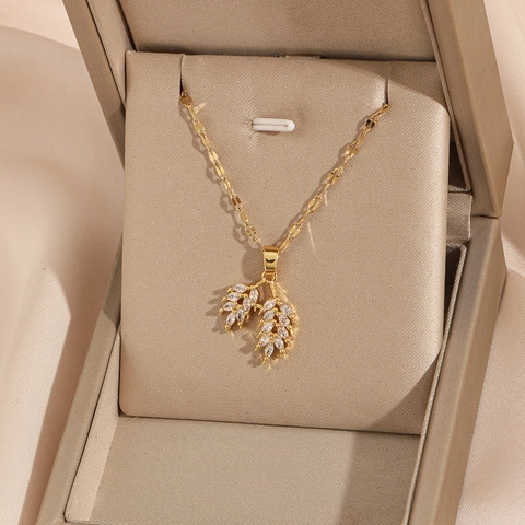 Elegante Collana con Ciondolo Geometrico Donna Acciaio Inossidabile Rame Placcato Oro Strass Foglia di Grano Gioielli