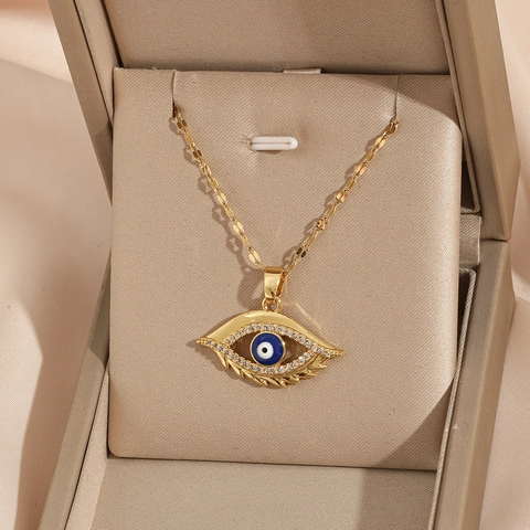 Collana con Ciondolo Malocchio in Acciaio Inossidabile Placcato Oro per Donna Catena a Labbro con Zirconia Blu Gioielli Minimalisti