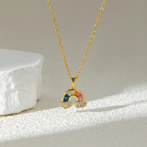 Rainbow Cloud Pendant Necklace Stainless Steel Zirconia 18K Gold Plated Colorful Stone Simple Elegant Jewelry For Women