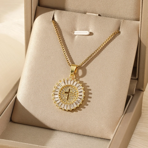 Edelstahl Rundes Kreuz Anhänger Halskette Für Damen Vergoldet Funkelnde Strass Eingelegte Venezianerkette Hip Hop Schmuck
