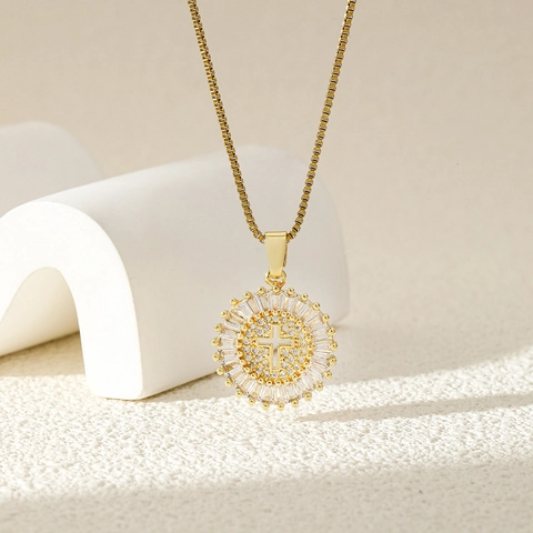 Edelstahl Rundes Kreuz Anhänger Halskette Für Damen Vergoldet Funkelnde Strass Eingelegte Venezianerkette Hip Hop Schmuck