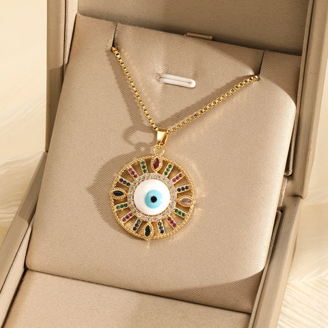 Collar con Colgante de Ojo Turco de Estilo Bohemio para Mujer Cadena de Caja de Acero Inoxidable Joyería de Circón de Colores