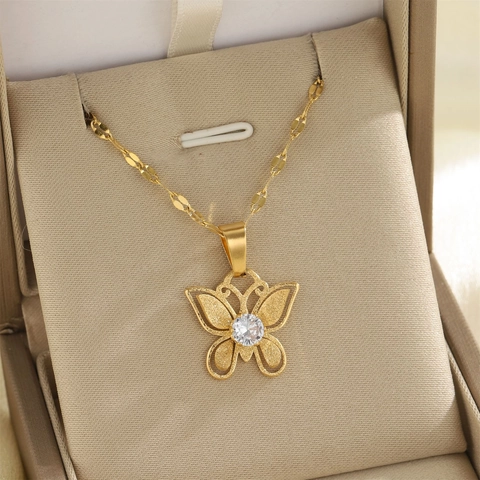 Elegant Stainless Steel Butterfly Pendant Necklace For Women 18K Gold Plated Frosted Bow Link Chain With Zircon Jewelry Gift