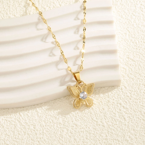 Elegant Stainless Steel Butterfly Pendant Necklace For Women 18K Gold Plated Frosted Bow Link Chain With Zircon Jewelry Gift
