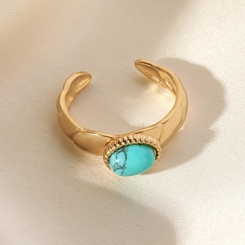 Vintage Boheems Ovale Kunstmatige Turkoois Open Ring Voor Vrouwen Roestvrij Staal Verguld Verstelbaar Sieraad