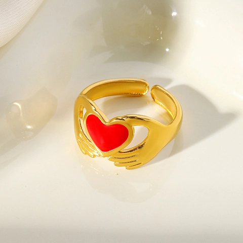 Fashion Stainless Steel Open Ring For Women Hands Holding Red Heart Dripping Oil Enamel Adjustable Finger Ring Jewelry