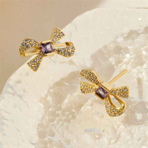 Dolci Orecchini a Bottone a Fiocco in Rame per Donna Zirconia Viola Strass Perno in Argento Sterling 925 Gioielli Minimalisti