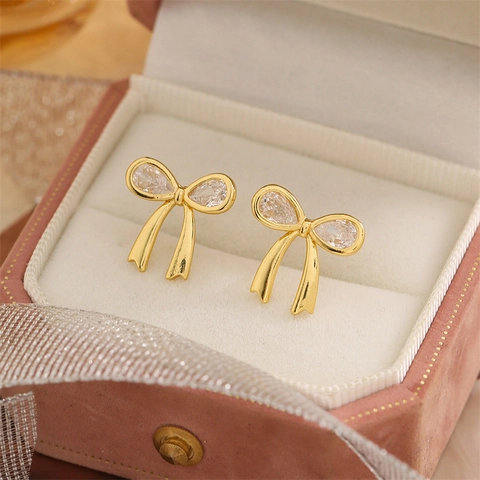 Elegant Bowknot Stud Earrings With Zirconia Inlay Gold Plated Copper Ribbon Knot Earring For Women Daily Stylish Jewelry