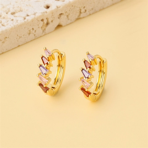 Gold Plated Copper Rainbow Zirconia Huggie Hoop Earrings Minimalist Multi Color Baguette Cut Fashion Women Jewelry Gift