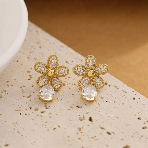 Elegant Flower Waterdrop Earrings With 925 Sterling Silver Earring Post Copper Pave Rhinestone Floral Drop Earrings For Women