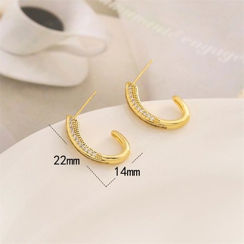 Minimalist Gold J-Shaped Half Round Stud Earrings For Women With 925 Sterling Silver Earring Post Copper Rhinestone Jewelry