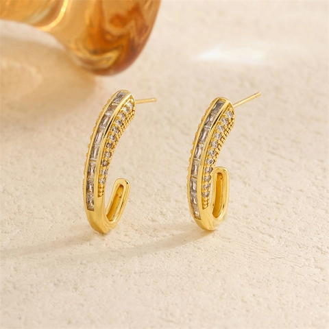 Minimalist Gold J-Shaped Half Round Stud Earrings For Women With 925 Sterling Silver Earring Post Copper Rhinestone Jewelry