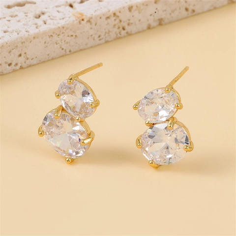 Luxe Goud Koper Dubbele Ovale Strass Oorknopjes Voor Dames Eenvoudige Geometrische Sieraden Met 925 Sterling Zilver Stift