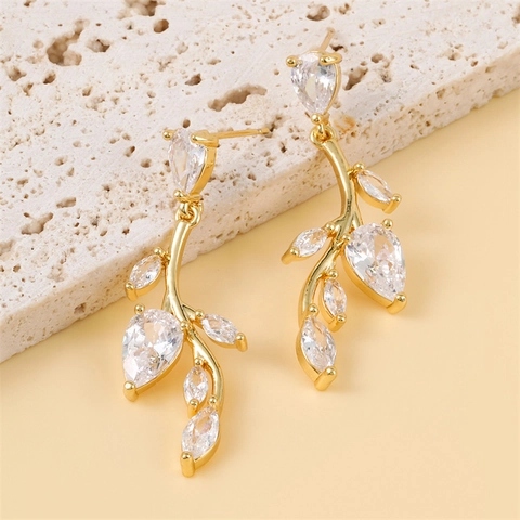 Elegant Copper Branch Leaf Drop Earrings For Women Korea Style Gold Plated Cubic Zirconia Inlaid Tassel Dangle Earrings Jewelry