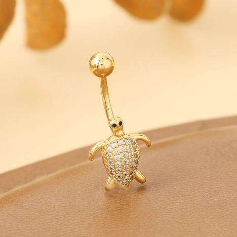 Gold Sea Turtle Belly Ring Stainless Steel Bar Micro Inlaid Zirconia Animal Shaped Umbilical Piercing Jewelry For Women