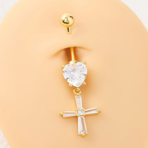 18K Gold Plated Stainless Steel Heart Cross Dangle Belly Button Ring Cubic Zirconia Body Piercing Jewelry For Women Luxurious Navel Ring