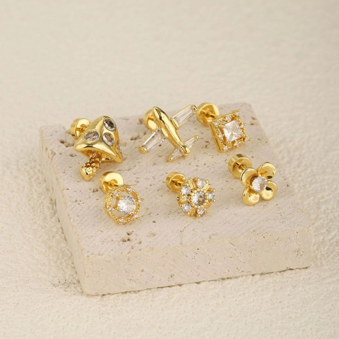 18K Gold Plated Stainless Steel Zirconia Cartilage Stud Earrings For Women Mushroom Airplane Flower Screw Back Piercing Jewelry