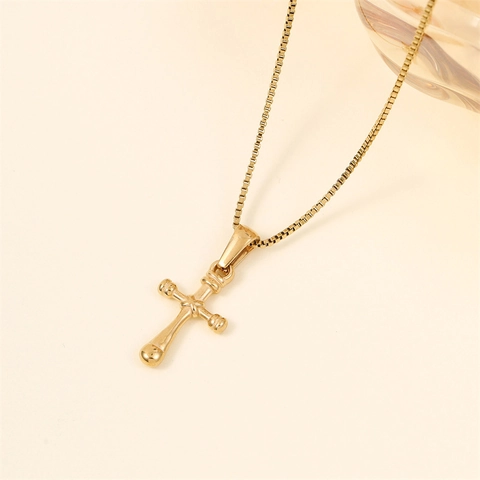 Collar con Colgante de Cruz de Acero Inoxidable Chapado en Oro de 18K para Mujer Cadena de Caja Joyería Religiosa