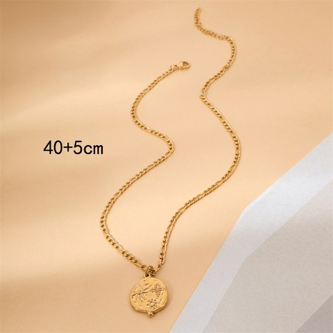 Collana con Pendente a Moneta Sole in Acciaio Inossidabile Catena Figaro Placcata Oro 18K Texture Martellata Gioielli Donna