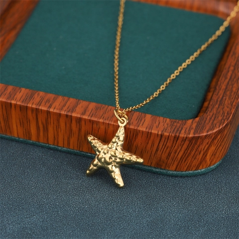 Collar de Pendiente de Estrella de Mar de Acero Inoxidable Chapado en Oro Minimalista Mujer Gargantilla de Estrella de Mar Martillada