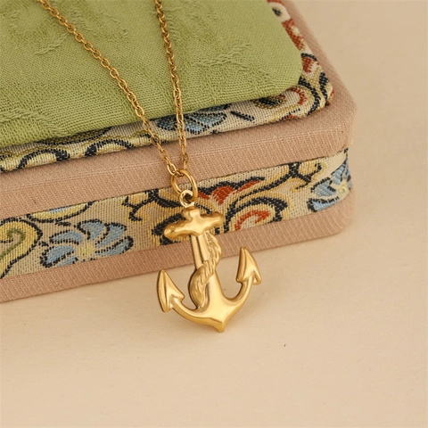 Women Stainless Steel Anchor Pendant Necklace Gold Plated Nautical Rope Detail Clavicle Cross Chain Fashion Jewelry Gift