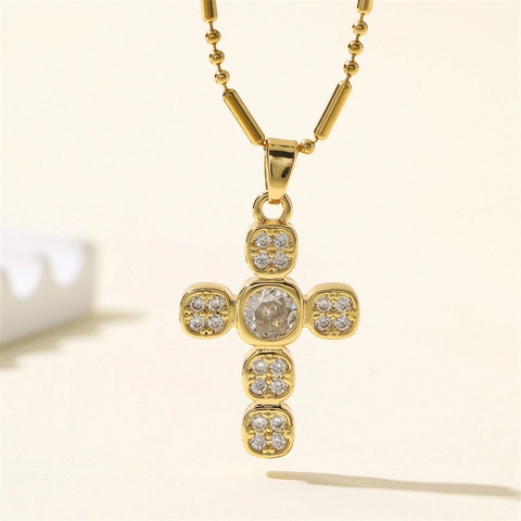Collana con Pendente a Croce in Rame Acciaio Inossidabile Placcato Oro per Donna Collana a Bambù con Strass Gioielli