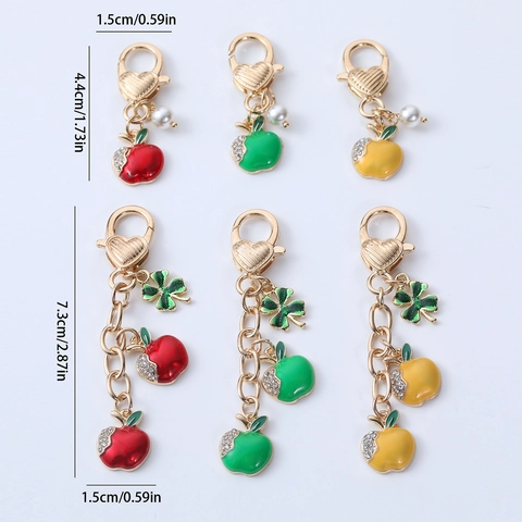 Cute Creative Alloy Fruit Keychain For Women Gold Heart Clasp Enamel Apple Strawberry Four-Leaf Clover Bag Charm Gift