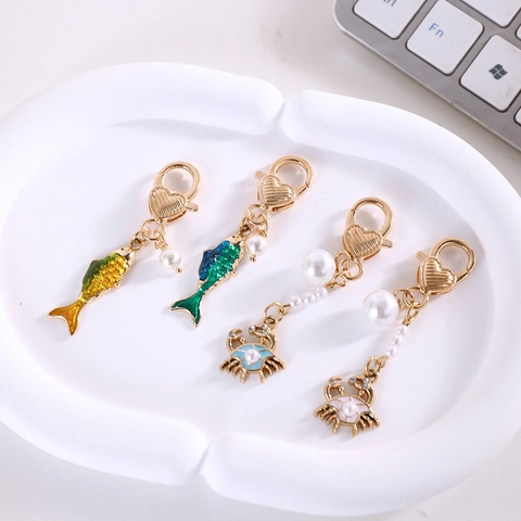 Portachiavi in Smalto Animali Marini Ciondolo Granchio Pesce Con Perla Artificial Sintetica e Fibbia a Cuore Per Accessori Borsa Donna