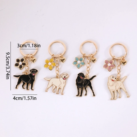 Cute Enamel Dog Keychain Zinc Alloy Cartoon German Shepherd Golden Retriever Pug Keyring With Flower Heart Pendant Artificial Pearl Charm Women Bag Decoration Gift