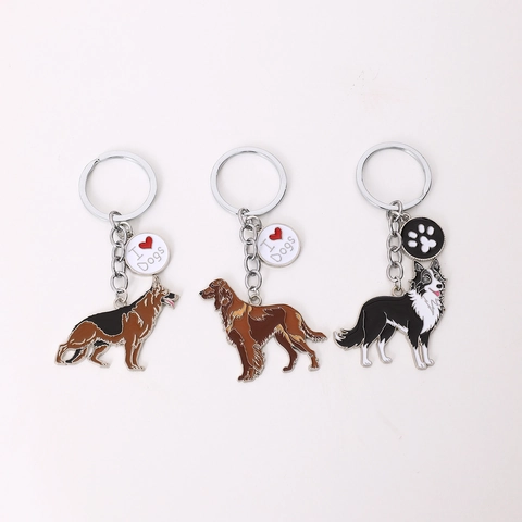 American Metal Dog Keychain Enamel Bag Pendant Cartoon German Shepherd Border Collie Pug Jewelry Gift For Women Men Kids